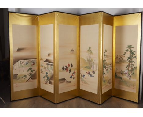 Pair of exquisite watercolor and gouache on silk Japanese screens by Okumura Kyoho (Japanese, 1865-). Each panel is mounted o