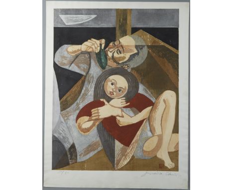 Jun'ichiro Sekino (Japanese, 1914-1988) color woodcut on Japanese paper titled Ocarina Player and His Daughter and dated 1955