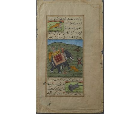 Wonderful group of 3 illuminated Indo-Persian manuscript leaves. One depicts a Hunt with Elephant, another shows a Pair of Hu