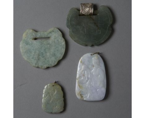 The first pendant is white jade and depicts a woman walking on one side and picking up a purse or basket on the other.  The s