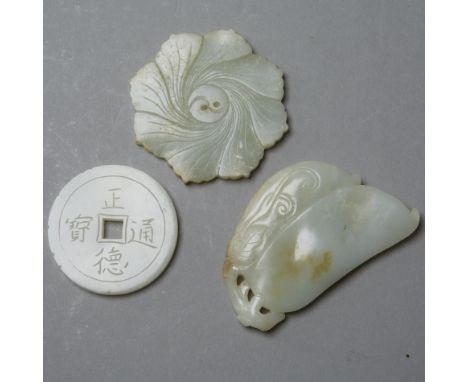 Chinese pale green jade pendant of 2 pea pods on a vine with a leaf, Chinese pale green jade pendant of a circle with a squar