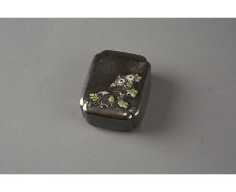 Small Japanese enamel box with delicate purple flowers. Signature on bottomDimensions: 2.75 in. x 2.25 in. Condition:Some den