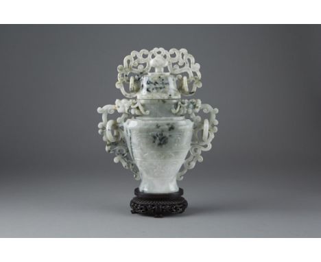  A large Chinese Republic period carved and pierced jade covered vase. Lovely motteled jade.Dimensions: 10 6/8th in. x 8 in.C