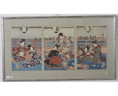 Japanese woodblock triptych by Utagawa Toyokuni III (Japanese, 1786-1865). The print is titled Sumida Zutsumi and features se