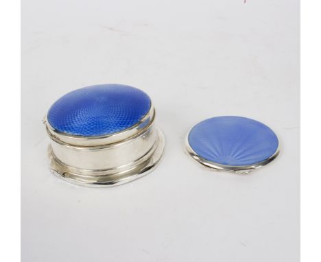 A silver compact, A Bros Ltd., Birmingham 1935 and a powder bowl and cover, both with blue guilloché enamel backs