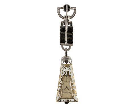 A Cartier 'Egyptian' onyx and diamond lapel watch, circa 1930, the tapering gilt dial signed Cartier and with yellow metal ha