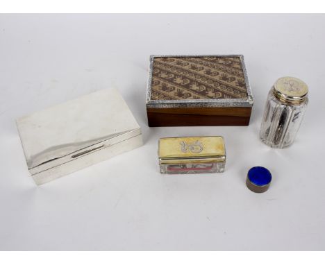 A Victorian dressing case box, the silver cover EP, London 1872, 9cm wide and a jar with matching mounts, a silver box London