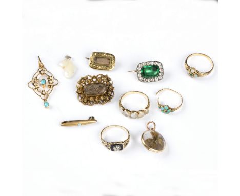 A Victorian and diamond black enamel mourning ring, a brooch with woven hair panel to a filigree surround, a five-stone moons