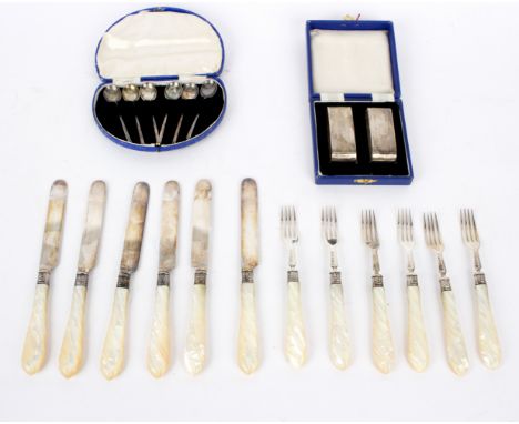 Six pairs of silver desert knives and forks, Henry Wilkinson &amp; Co., Sheffield 1858 with mother-of-pearl handles, a pair o