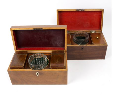 A Georgian mahogany and boxwood strung tea caddy, the fitted interior with mixing bowl and a Victorian mahogany and boxwood s