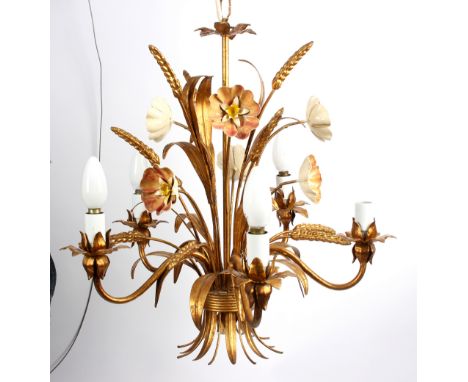 A gilt metal five-light chandelier with enamel flowerheads, wheat sheaves and foliage, 50cm high