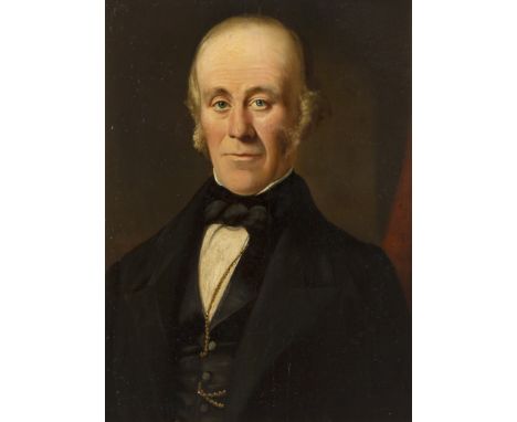 Mid 19th Century English School/Portrait of a Gentleman/half-length, wearing a black coat with double Albert/oil on canvas, 5