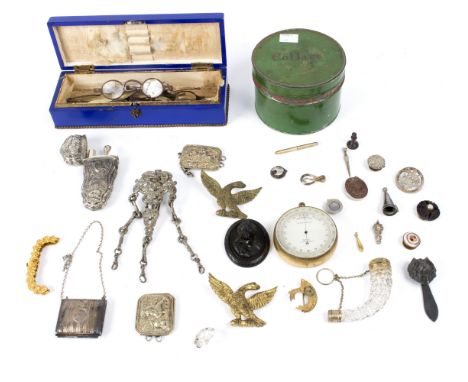 A pocket barometer, Ross, 31 Cockspur St, a scent bottle of horn shape, a partially fitted white etui, various 19th Century s