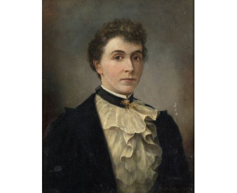 Joseph Bunker/Portrait of a Lady/wearing a white lace collar and black coat/signed and dated 1896/oil on canvas, 34cm x 27cm