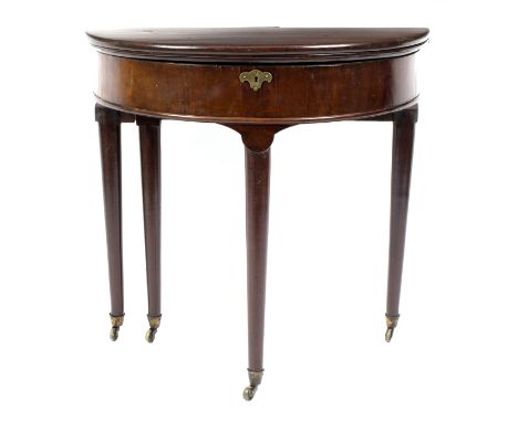 A George II mahogany half-round card/writing table, the baize lining with guinea wells, 78cm wide Condition Report: There is 