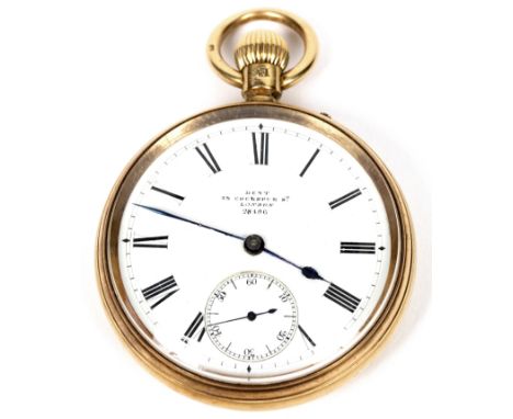 A Victorian 18ct gold cased open faced pocket watch, the white enamel dial signed Dent, 33 Cockspur Street, London 28486 and 