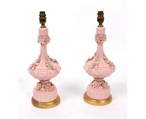 A pair of Casa Pupo blossom pink ceramic table lights, decorated with flowers in relief, on gilt painted plinth base, 44cm hi