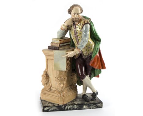 A large Enoch Wood pearlware figure of Shakespeare, circa 1825, after the monument in Westminster Abbey, incised PV for Peter