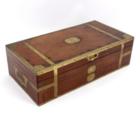 A gentleman's George III mahogany and brass bound shaving/dressing case, the hinged cover with crest and initials to an inset