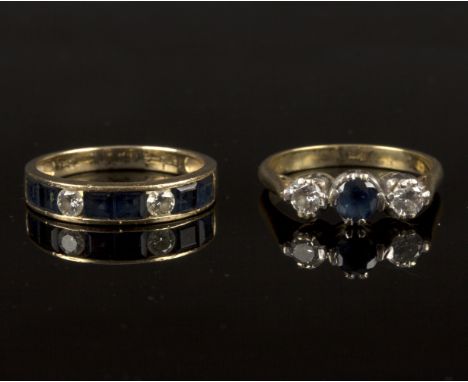 A sapphire and diamond half eternity ring to an 18ct gold shank and a sapphire and moissanite three-stone ring, the central s