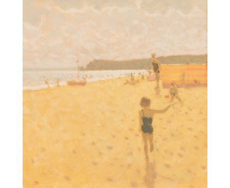 Stephen Brown (British, born 1947)/Seascape/with children playing on the sand/initialled SB lower left/oil on canvas, 24.5cm 