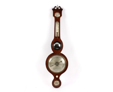 A mahogany banjo shaped barometer and thermometer by Arnoldi, Gloucester, 95cm long