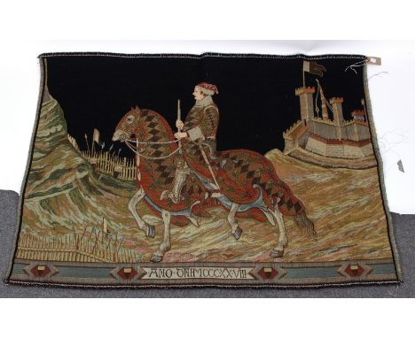 A machine made Medieval style tapestry depicting a horseman outside a castle, 100cm x 140cm