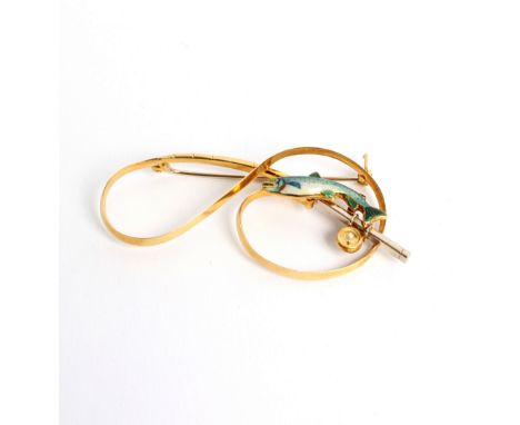 An 18ct gold and enamel novelty brooch, Alabaster &amp; Wilson, modelled as a fishing rod, line and trout, a half pearl set i