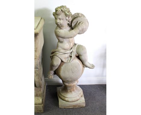 A reconstituted stone putto playing the cymbals on a socle base and square plinth, 100cm high