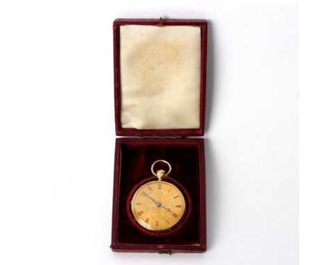 A gold cased open faced pocket watch, the gilt dial with Roman numerals, the case back with foliate engraving, gross weight a