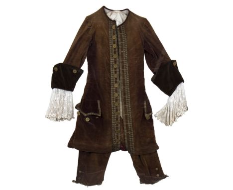 A gentleman's 19th Century brown velvet coat, waistcoat and breeches embroidered with gilt thread, the associated buttons wit