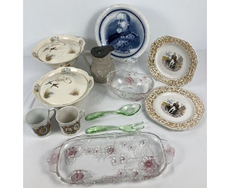 A collection of vintage and antique ceramics and glassware. To include a salt glaze jug with pewter lid and floral decoration