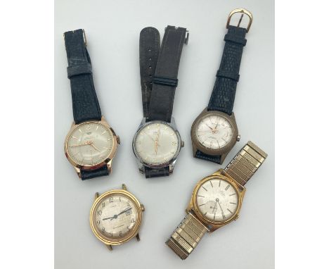 A collection of 5 men's vintage wrist watches with both leather and stainless steel straps. To include Leda, Timex, Romona an
