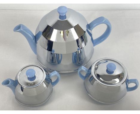 A vintage 3 piece 1950's Heatmaster teaset in pale blue with chrome covers and bakelite knobs. 