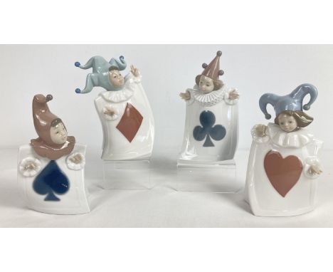 A set of 4 retired Nao porcelain playing card jester figurines. Approx. 18cm tall. 