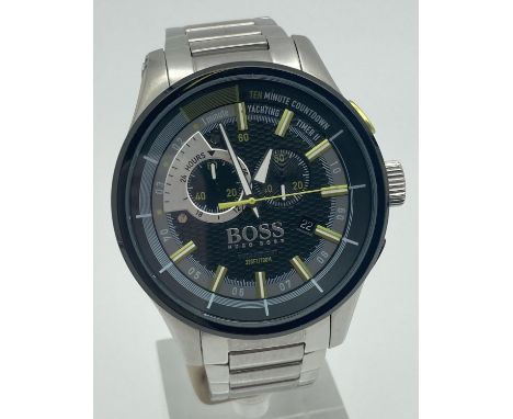 A Hugo Boss Yachting Timer II chronograph wristwatch. With stainless steel strap and black, grey silver and lime green detail