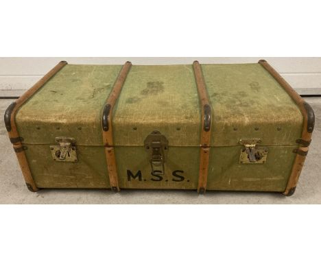 A vintage Boswell &amp; Co, Oxford, canvas covered travelleing trunk. With light wood banding, leather handles and monogramme