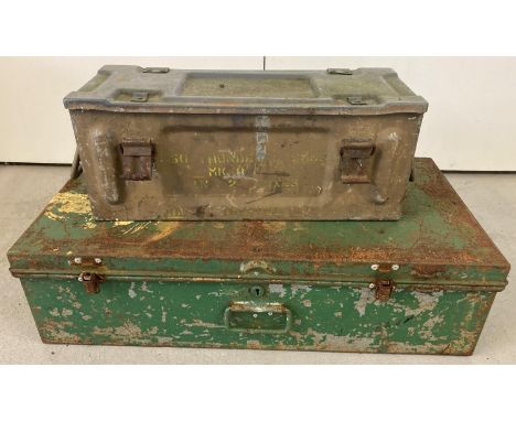 2 vintage metal boxes. A 3 handled carry chest painted green together with a 2 handled military ammunition box. 