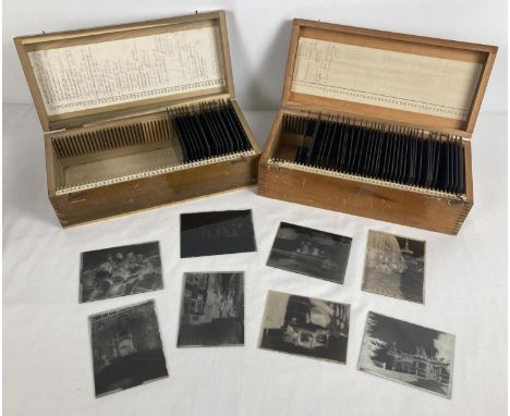 2 vintage wooden cases of glass photographic slides, to include: people in period dress, mountain and wooded scenes and castl