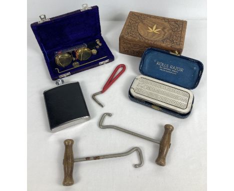 A small collection of assorted vintage items to include boxed No. 1 Imperial Rolls Razor. Together with a carved wooden box, 