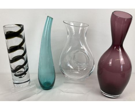 4 vintage clear &amp; coloured art glass vases. An aubergine glass waisted vase with slanted rim (approx. 35.5cm tall), a hea