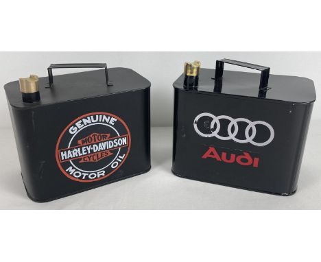 2 small modern metal oil cans with brass screw top lids. Gloss finish with Audi decals and a matt finish with printed Harley 