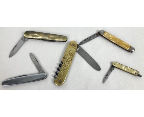 A collection of 5 vintage penknives. To include brass cased Coursolle penknife with corkscrew, Firestone double bladed penkni