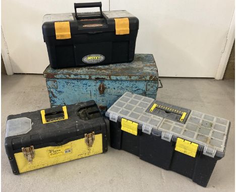 A vintage wooden 2 handled tool chest, painted blue, together with 3 modern plastic tool boxes. 