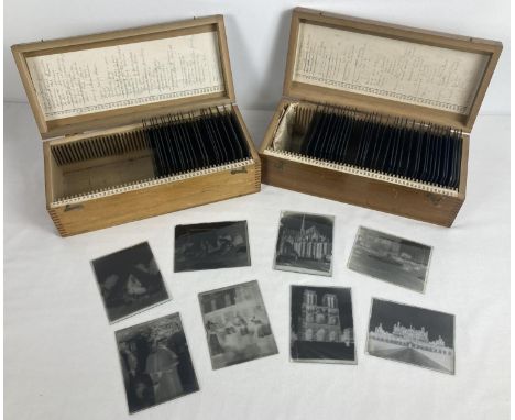 2 vintage wooden cases of glass photographic slides, to include: people in period dress, mountain and wooded scenes and castl