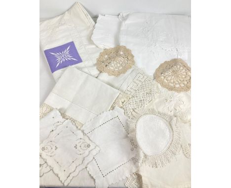 A collection of vintage &amp; antique table linen with embroidered detail &amp; lace trim. 