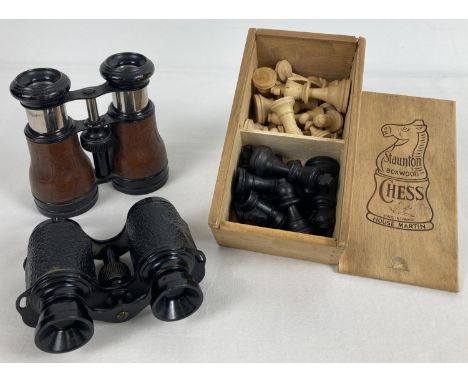 2 pairs of vintage French binoculars together with a boxed set of Staunton boxwood chess pieces. A brown leather bound pair m