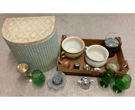 A collection of assorted vintage and mid century items. To include: Lloyd Loom 'Lusty' bow fronted linen basket, mid century 