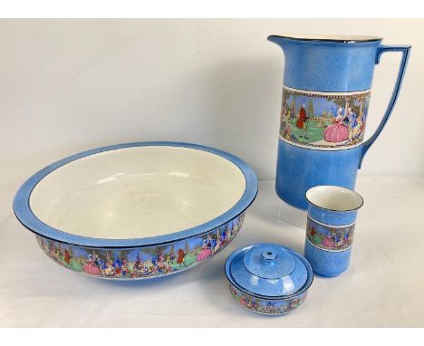 A vintage 5 piece ceramic bathroom set decorated with 18th century court scenes. Comprising: wash bowl and jug, chamber pot (