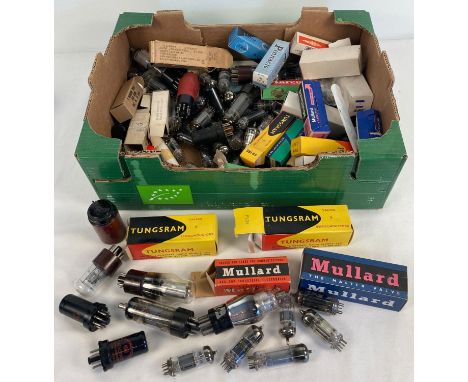 A box of vintage radio valves. To include Mullard, Tungsram, Pinnacle and AC Delco. 